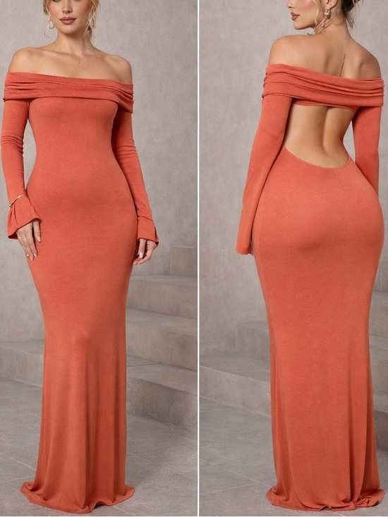 Dresses & Skirts - Off-Shoulder Long Sleeve Rust Maxi Dress